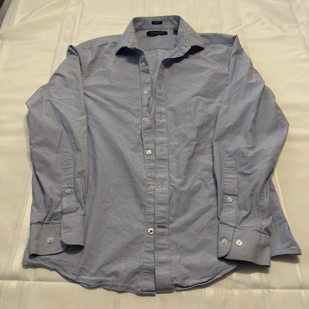 Tommy Hilfiger Mens Slim Fit Dress Shirt 15 32/33 Blue Micro Stripe Long Sleeve